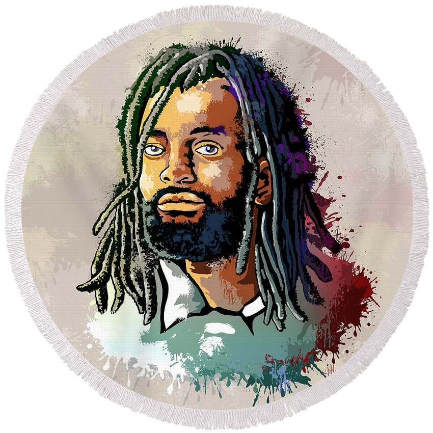 Reggae Round Beach Towel featuring the painting Philip Dube by Anthony Mwangi