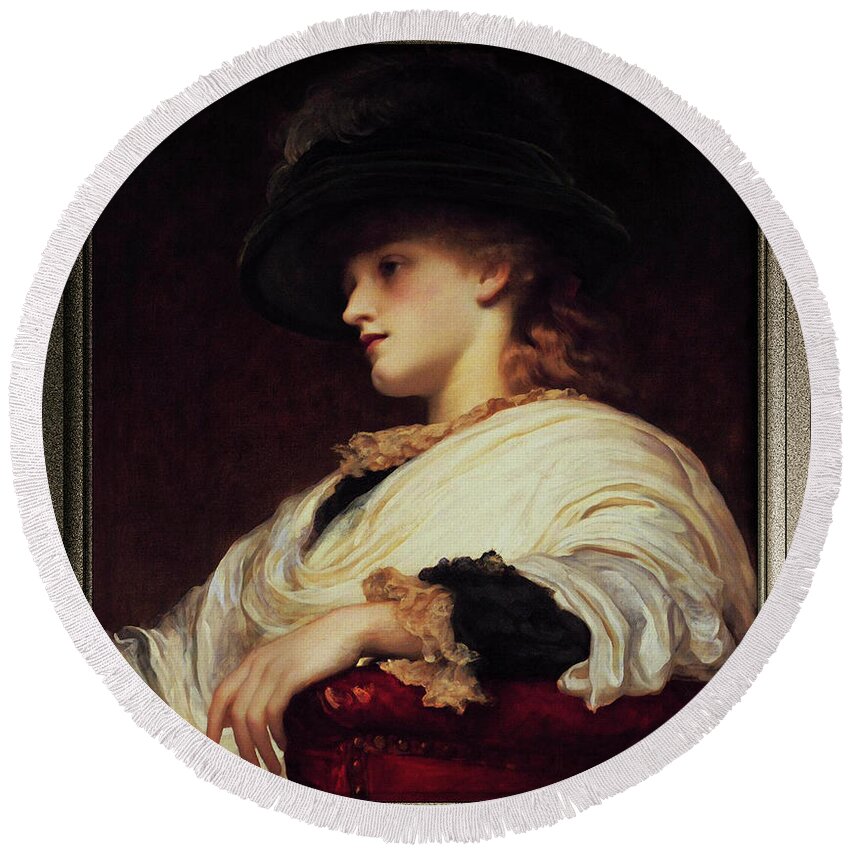Phoebe Round Beach Towel featuring the painting Phoebe by Frederic Leighton by Rolando Burbon