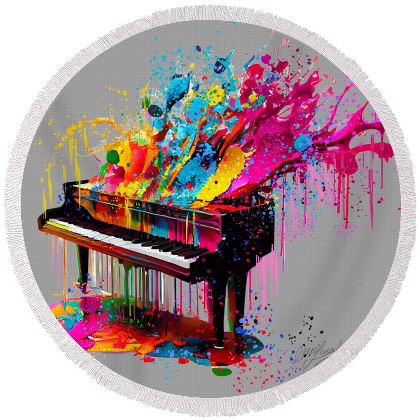 Piano Round Beach Towel featuring the digital art Piano, the Music Culmination in Color by Lena Owens - OLena Art Vibrant Palette Knife and Graphic Design
