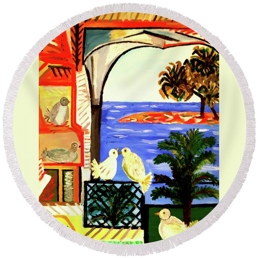 Picasso Round Beach Towel featuring the painting Picasso Studio n Doves by Daniel Zwicke
