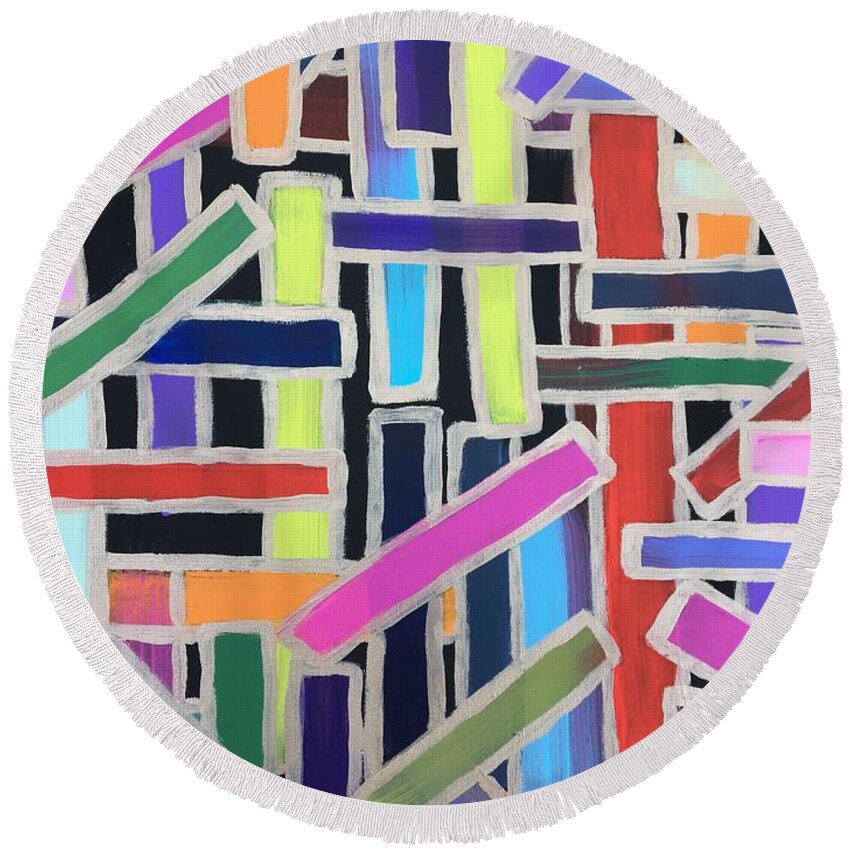 Acrylic Abstract Colors Bold Painting Underground Round Beach Towel featuring the painting Pick Up Sticks by Debora Sanders