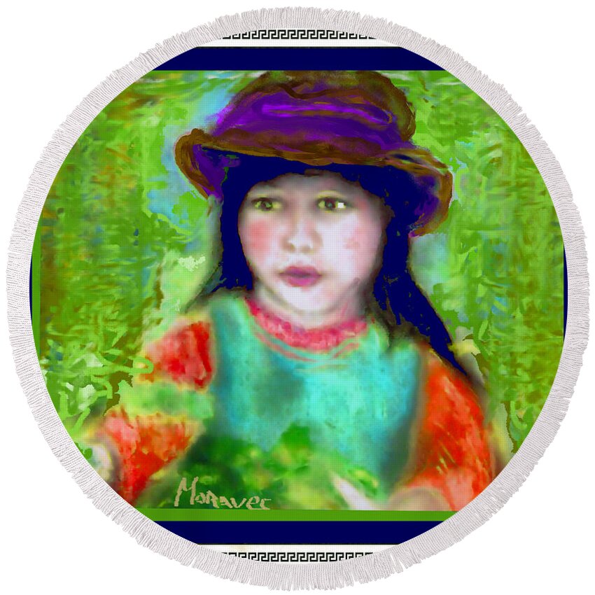 Girl Round Beach Towel featuring the pastel Picking Berries by Shirley Moravec