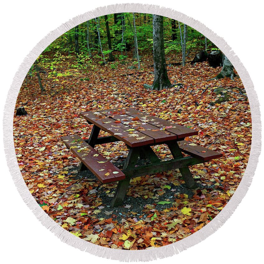 Fall Round Beach Towel featuring the photograph Picnic table. Autumn by Kevin Shields