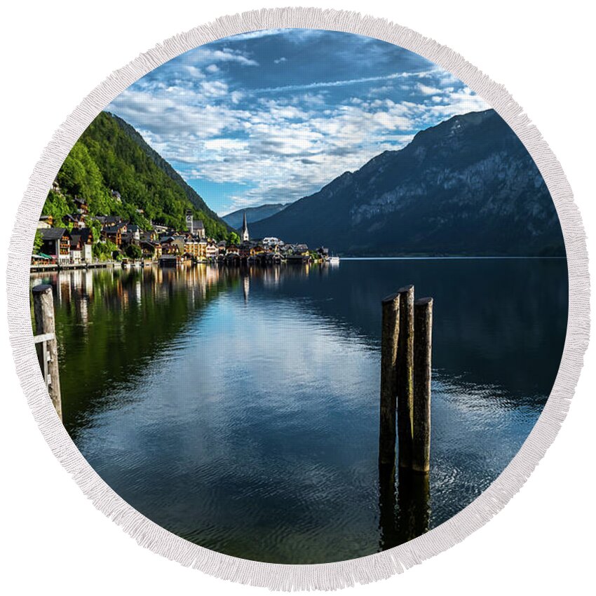 Austria Round Beach Towel featuring the photograph Picturesque Lakeside Town Hallstatt At Lake Hallstaetter See In Austria by Andreas Berthold