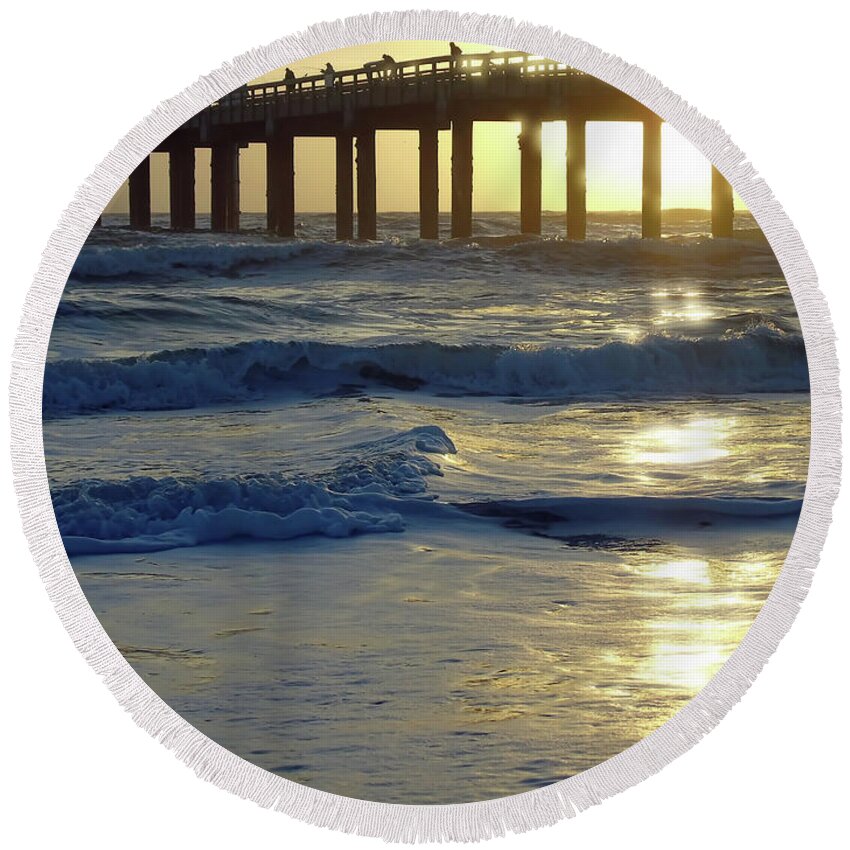 St Augustine Round Beach Towel featuring the photograph Pier Sunrise Reflections by D Hackett