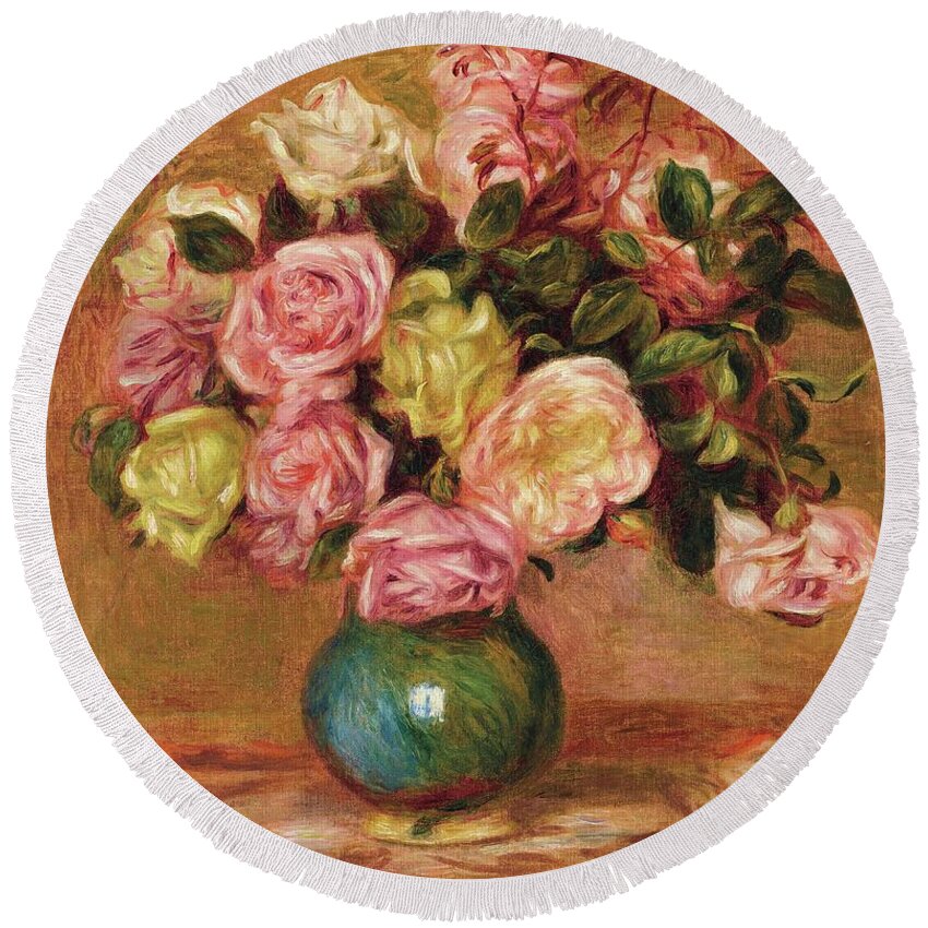 Pierre Auguste Renoir Bouquet Of Roses In A Vase Round Beach Towel featuring the painting Pierre Auguste Renoir Bouquet of roses in a vase by MotionAge Designs