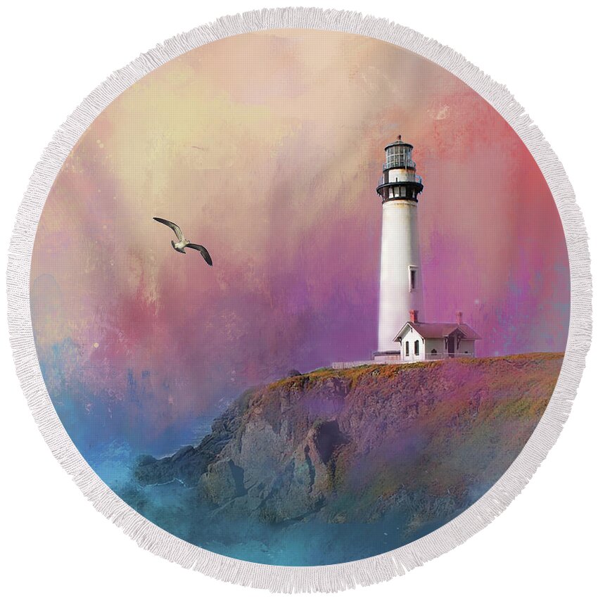 Lighthouse Round Beach Towel featuring the mixed media Pigeon Point Lighthouse by Kathy Kelly
