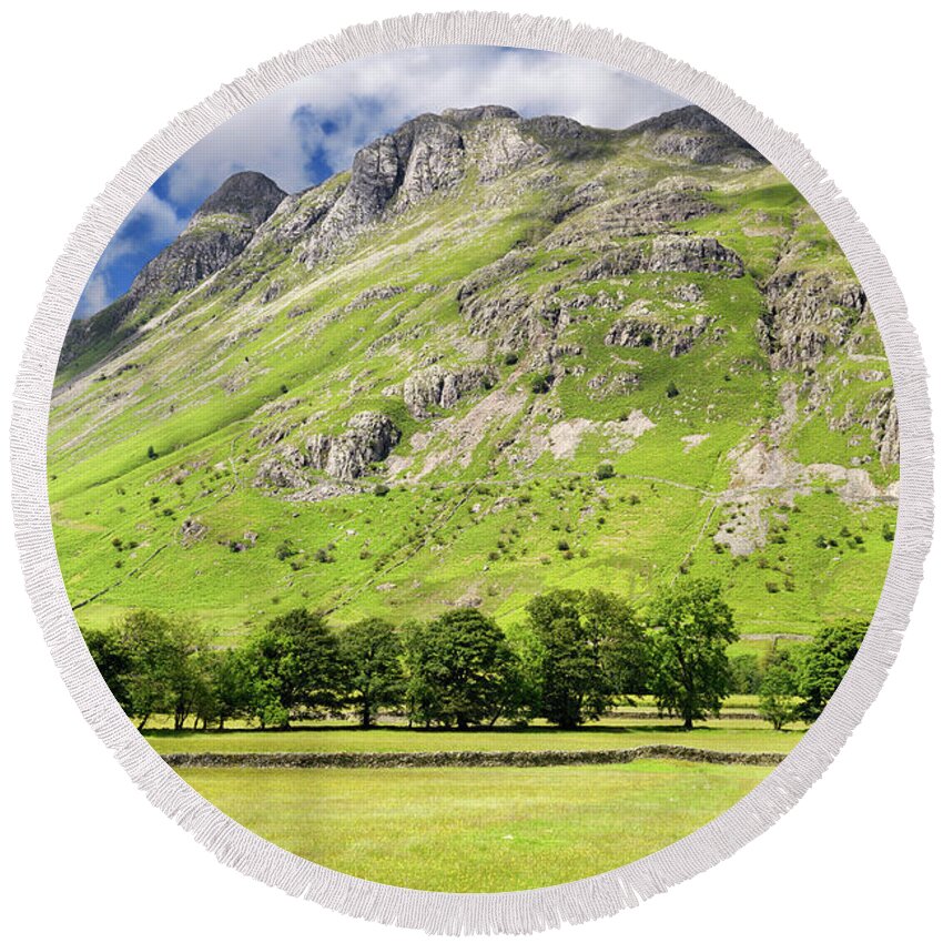 Pike Of Stickle Round Beach Towel featuring the photograph Pike of Stickle Loft Crag Thorn Crag and Harrison Stickle peaks by Reimar Gaertner