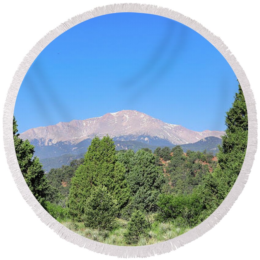 Pikes Peak Blue And Green Round Beach Towel featuring the photograph Pikes Peak Blue And Green by Dan Sproul