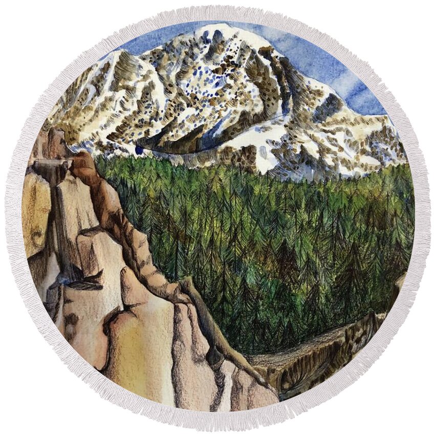 Rocky Mountains Round Beach Towel featuring the mixed media Pikes Peak through Garden of the Gods in Colorado Springs by Mastiff Studios
