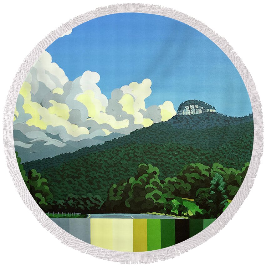 Landscape Round Beach Towel featuring the painting Pilot Mountain - Summer by John Gibbs