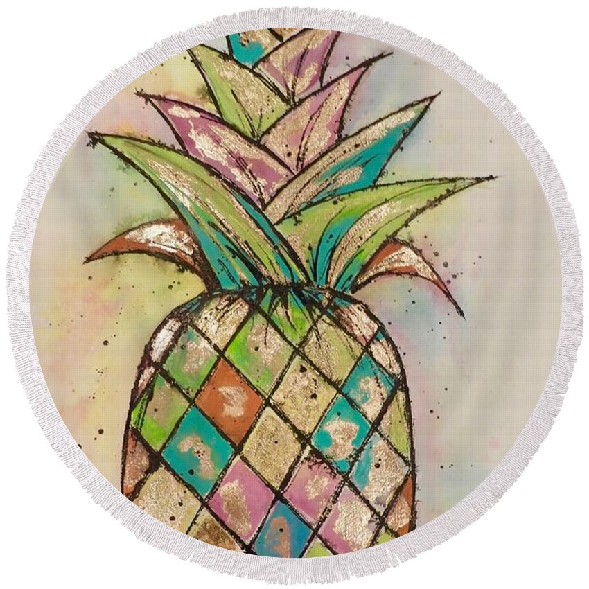Pineapple Round Beach Towel featuring the painting Pineapple Gold by Midge Pippel
