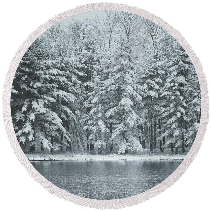 Blackwell Forest Preserve Round Beach Towel featuring the photograph Pines in Winter by Joni Eskridge