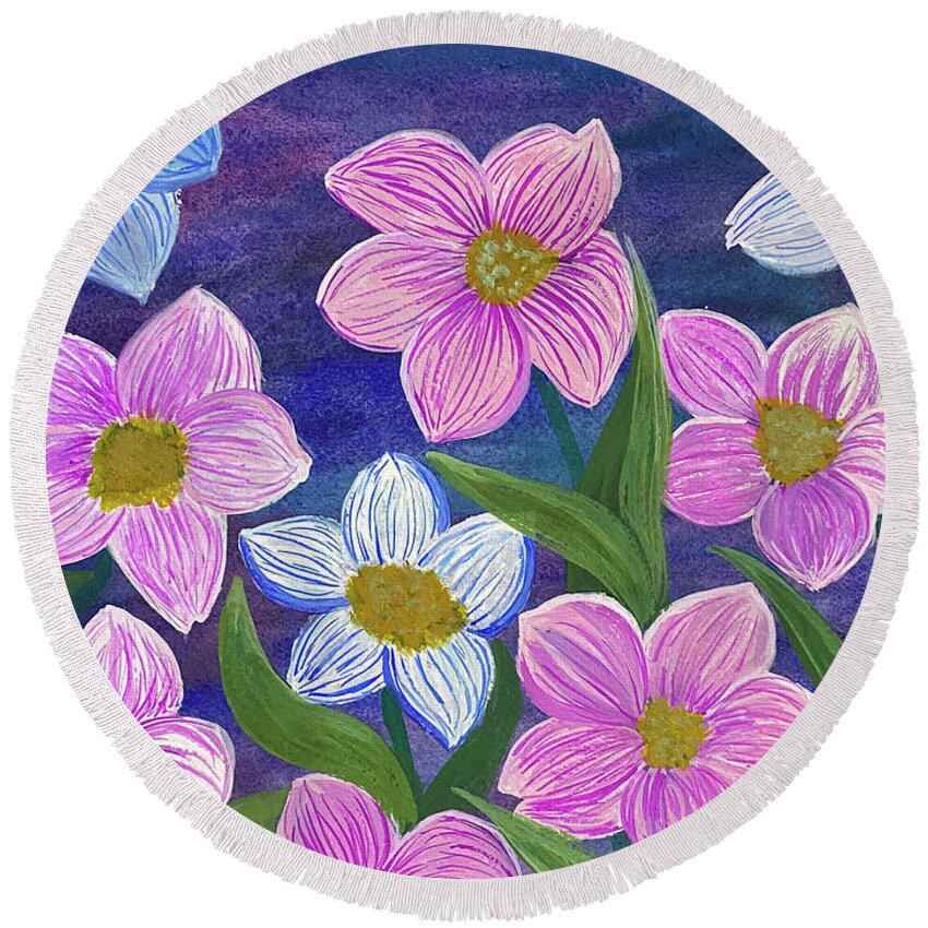 Pink Round Beach Towel featuring the mixed media Pink and Blue Flowers by Lisa Neuman
