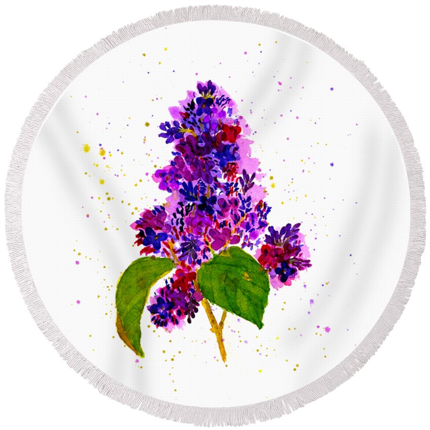 Lilac Blooms Round Beach Towel featuring the painting Pink and Purple Lilac Branch in Bloom by Deborah League