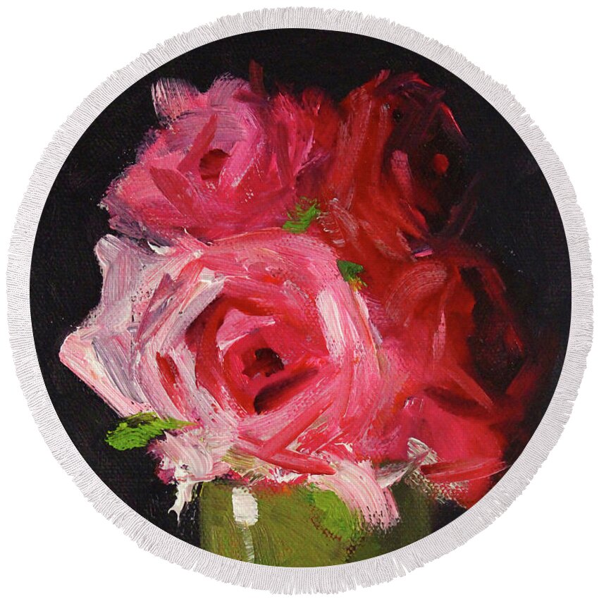 Pink Roses Round Beach Towel featuring the painting Pink and Red by Nancy Merkle