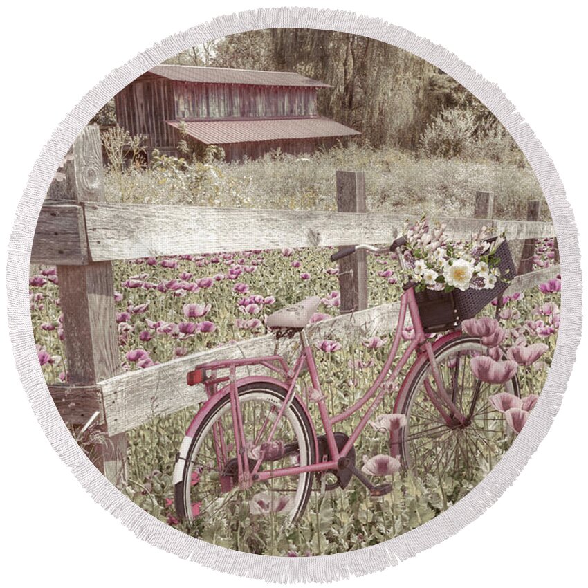 Andrews Round Beach Towel featuring the photograph Pink Bicycle in the Farmhouse Poppies by Debra and Dave Vanderlaan