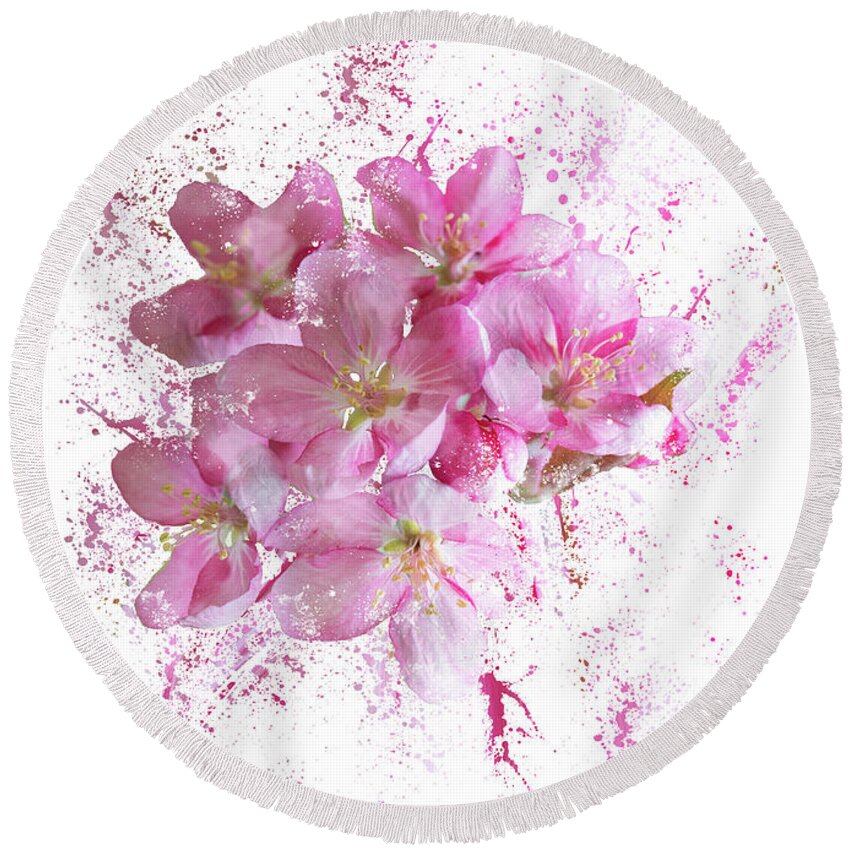 Easter Round Beach Towel featuring the mixed media Pink Blossoms by Moira Law