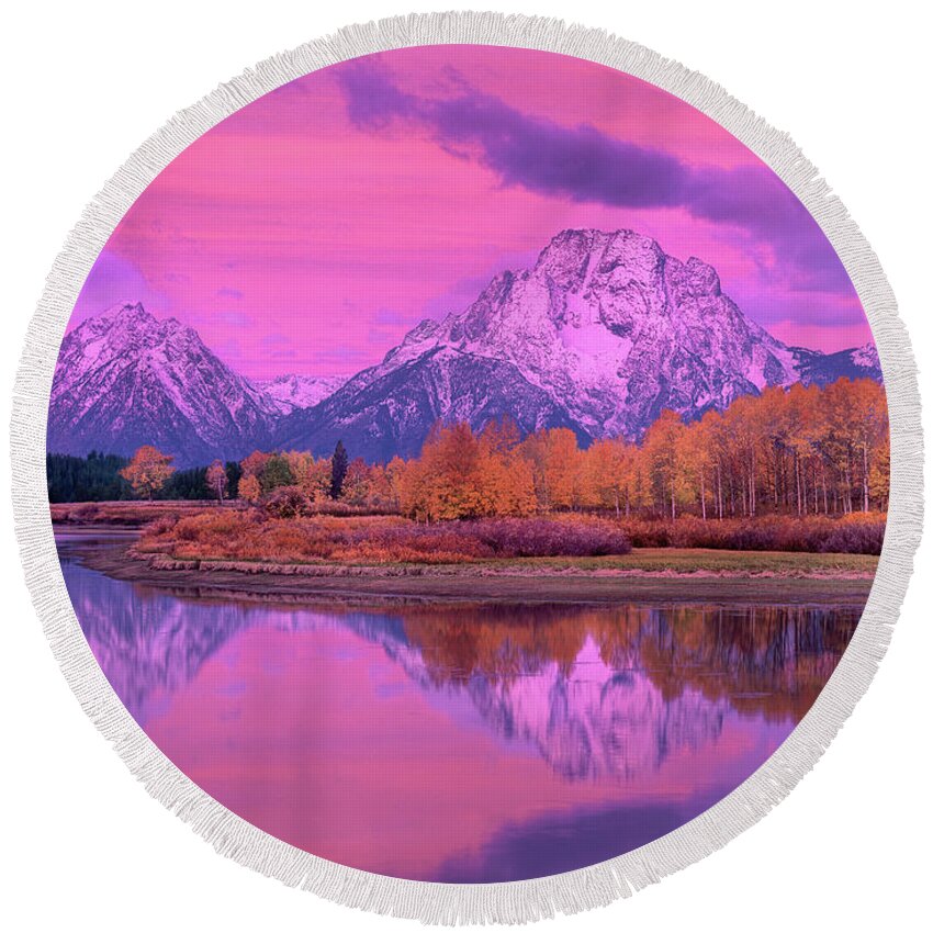 Dave Welling Round Beach Towel featuring the photograph Pink Dawn Oxbow Bend In Fall Grand Tetons National Park by Dave Welling