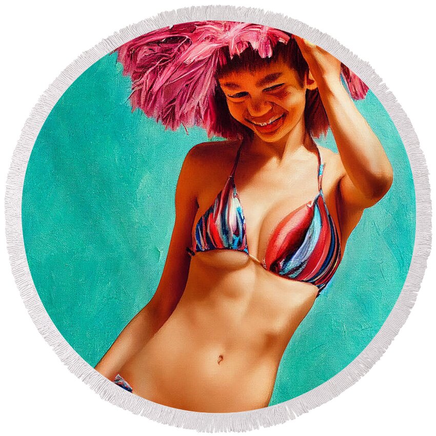 Pink Round Beach Towel featuring the digital art Pink Feather Hat by Craig Boehman
