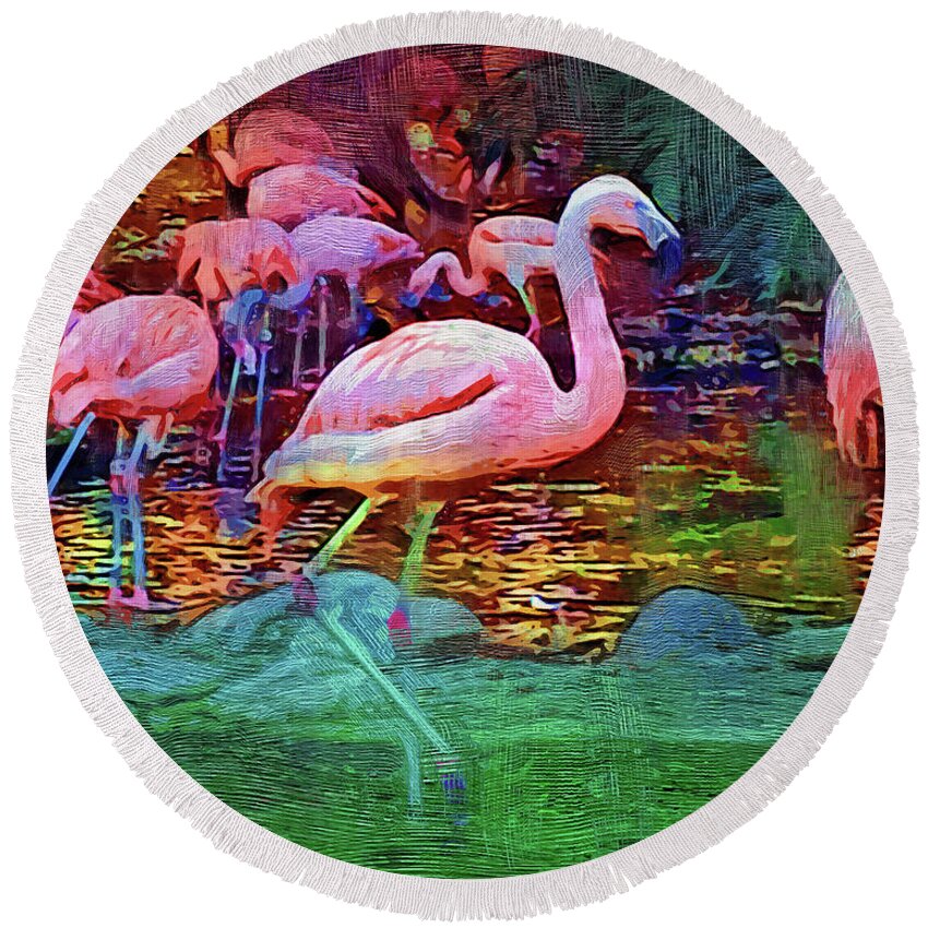 Flamingo Round Beach Towel featuring the digital art Pink Flamingos by Kirt Tisdale