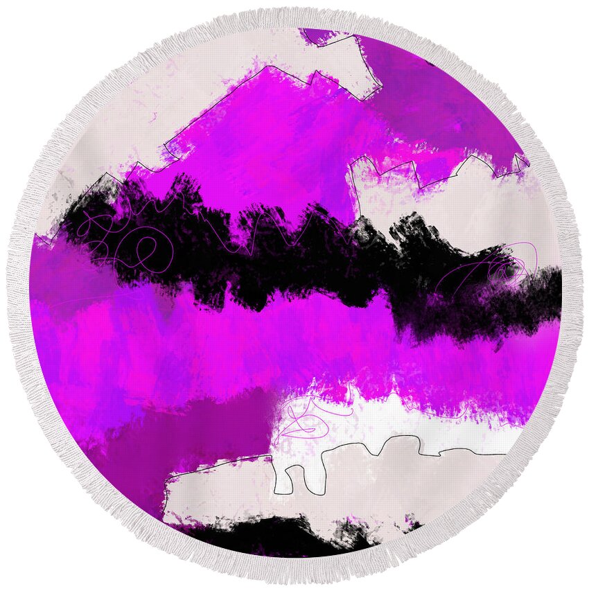 Abstract Round Beach Towel featuring the painting Pink FLow by Amber Lasche