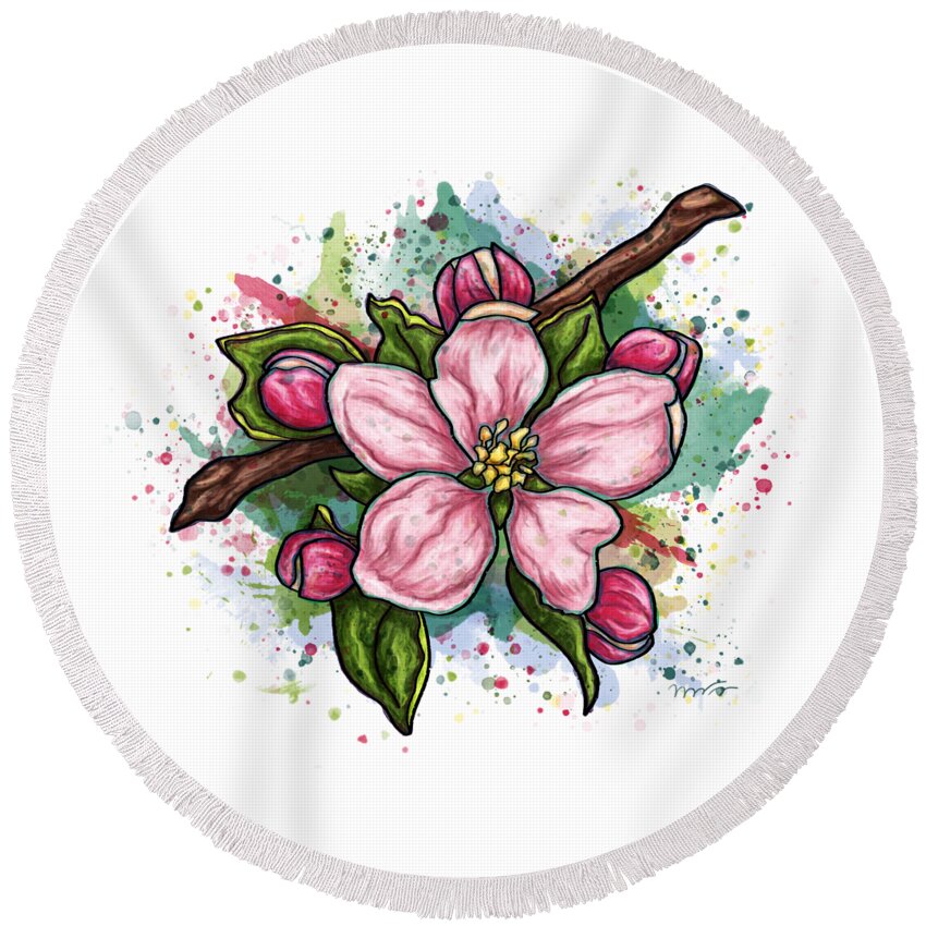 Flower Round Beach Towel featuring the painting Pink flower on white background, cherry blossom by Nadia CHEVREL