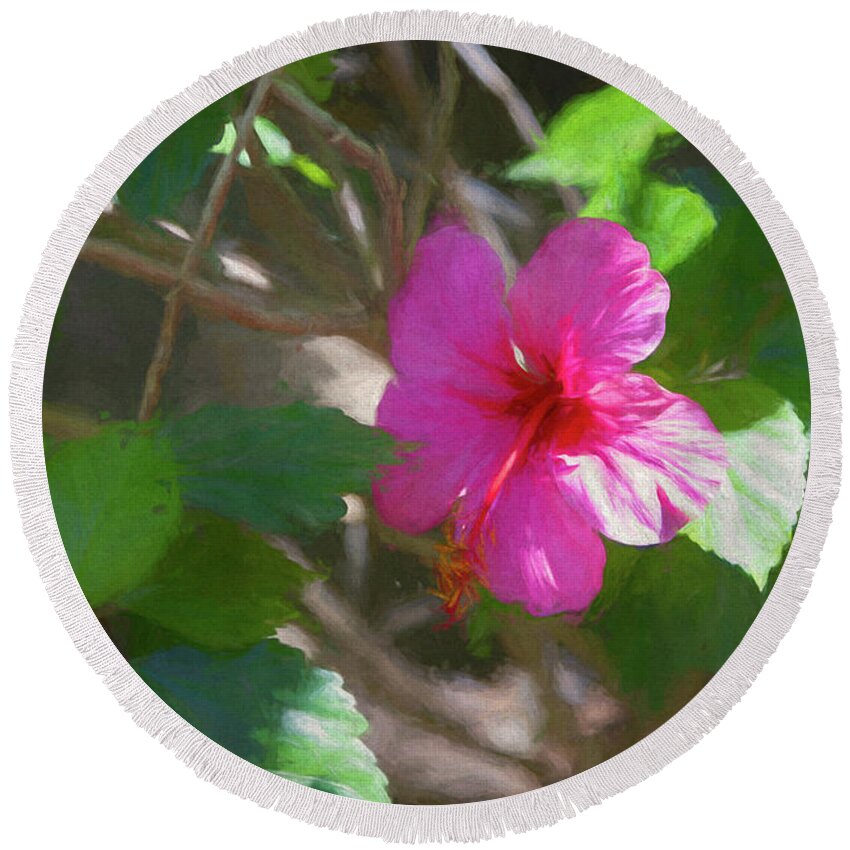 Hot Pink Round Beach Towel featuring the digital art Pink Hibiscus by Alison Frank