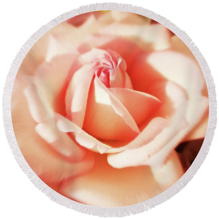 Rose; Roses; Flowers; Flower; Floral; Flora; Pink; Pink Rose; Pink Flowers; Digital Art; Photography; Simple; Decorative; Décor; Macro; Close-up; Vintage; Fantasy; Peach; Apricot Round Beach Towel featuring the photograph Pink Hope by Tina Uihlein
