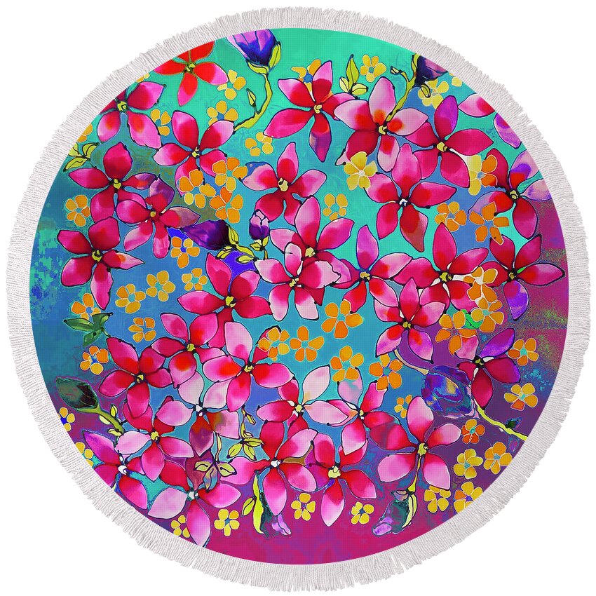 Karla Kay Art Round Beach Towel featuring the painting Pink magnolia on turquoise by Karla Kay Benjamin