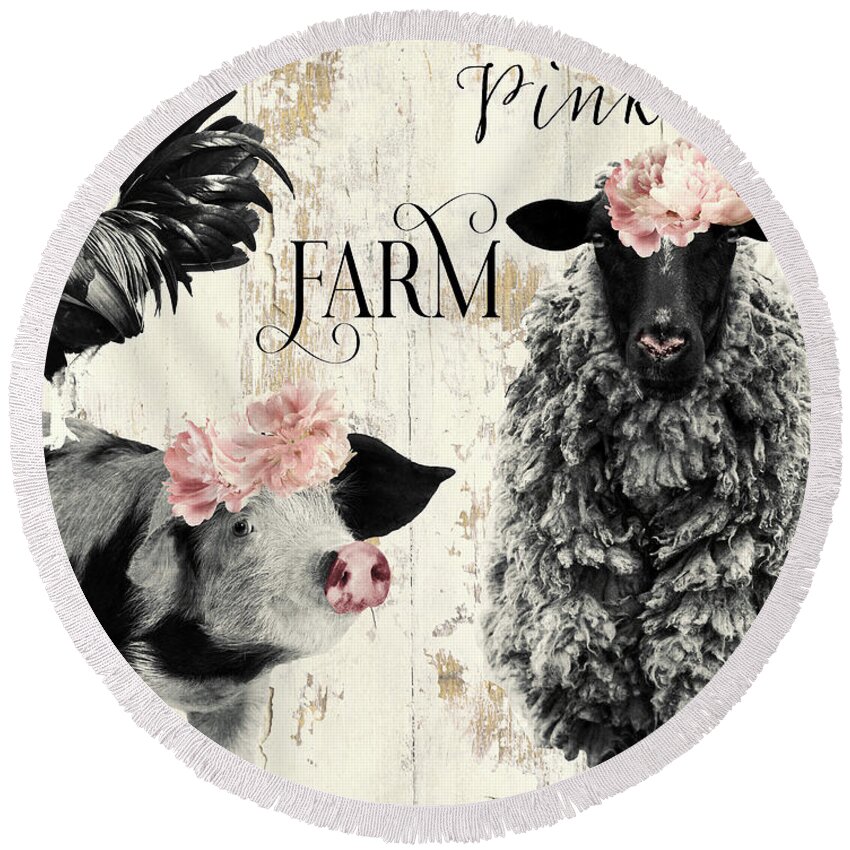 Cow Round Beach Towel featuring the painting Pink Nose Farm II by Mindy Sommers