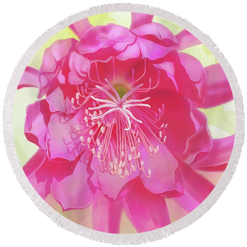 Orchid Round Beach Towel featuring the mixed media Pink Orchid Cactus by Shari Warren