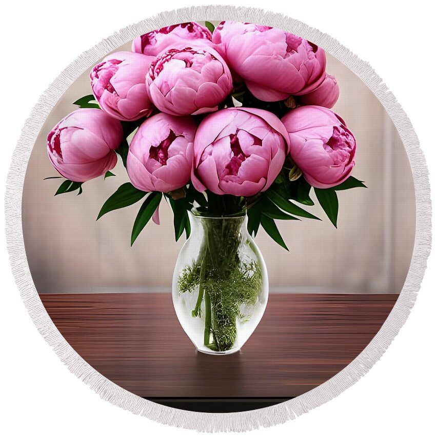 Flowers Round Beach Towel featuring the digital art Pink Peonies by Katrina Gunn