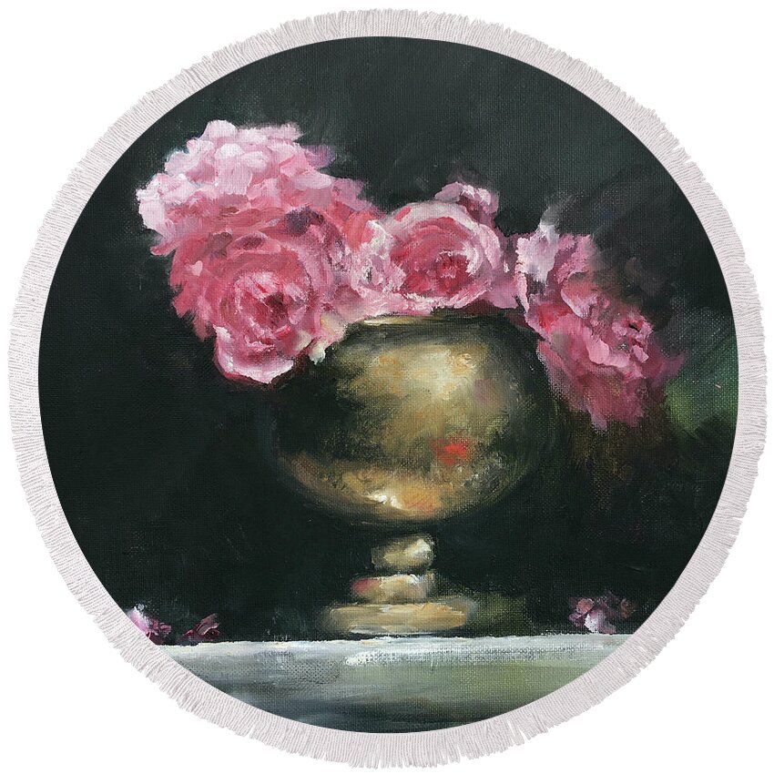 Flowers Round Beach Towel featuring the painting Pink Peonies Still life 1 by Lizzy Forrester