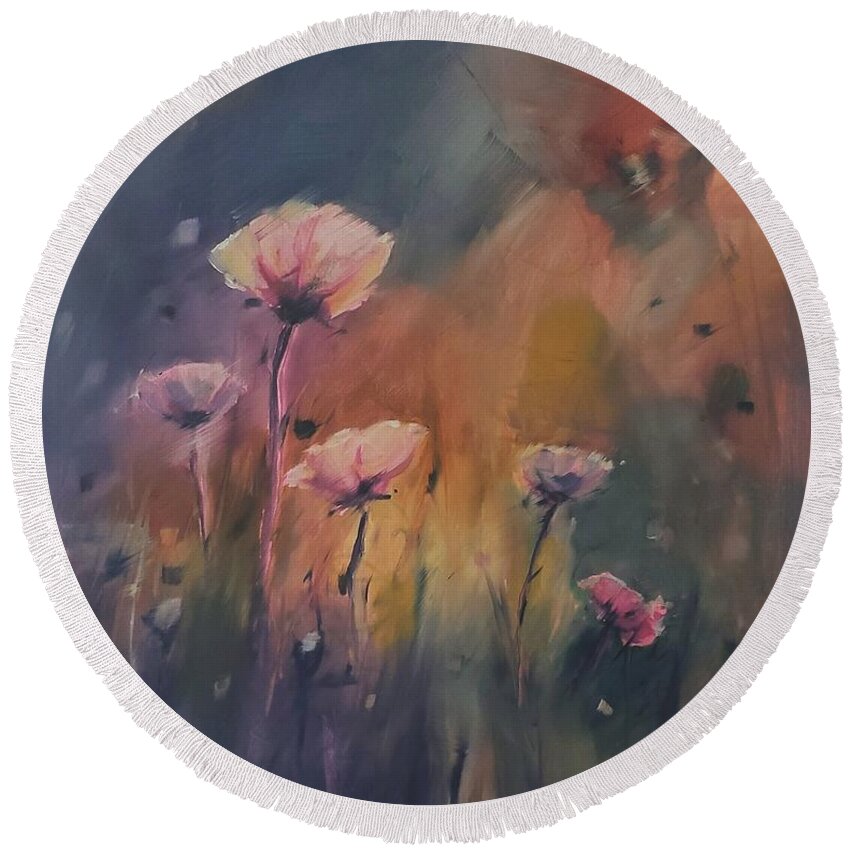 Landscape Round Beach Towel featuring the painting Pink Poppies by Sheila Romard