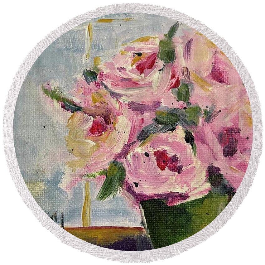 Pink Roses Round Beach Towel featuring the painting Pink Roses by the Window by Roxy Rich