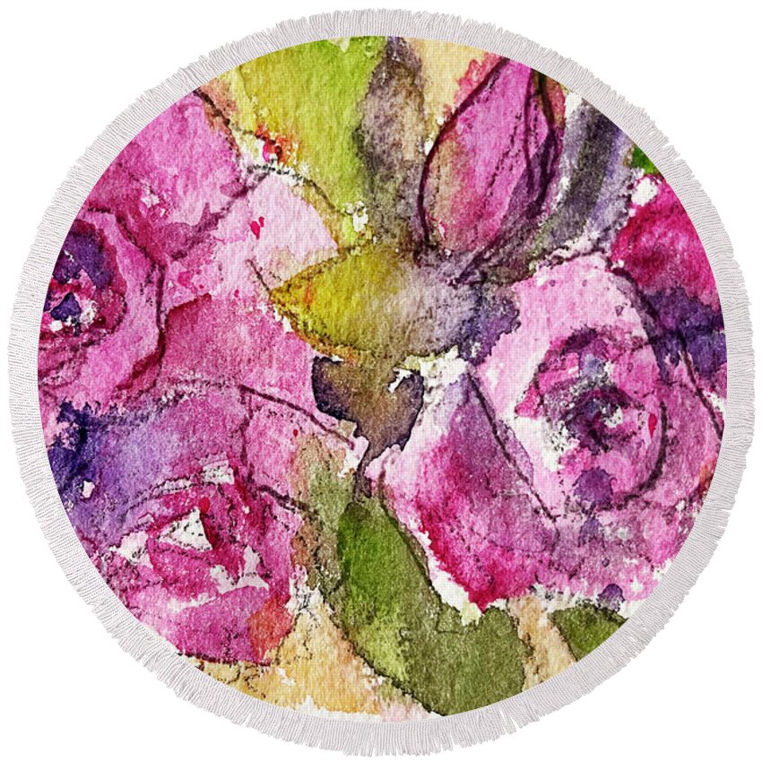 Loose Floral Round Beach Towel featuring the painting Pink Roses by Roxy Rich