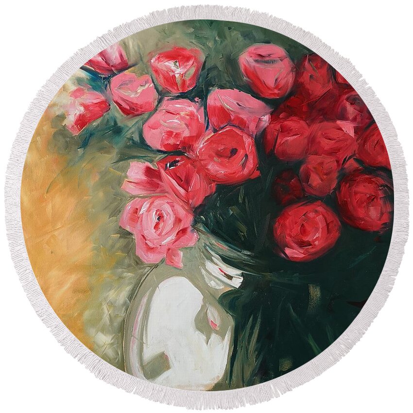 Painting Round Beach Towel featuring the painting Pink Roses by Sheila Romard