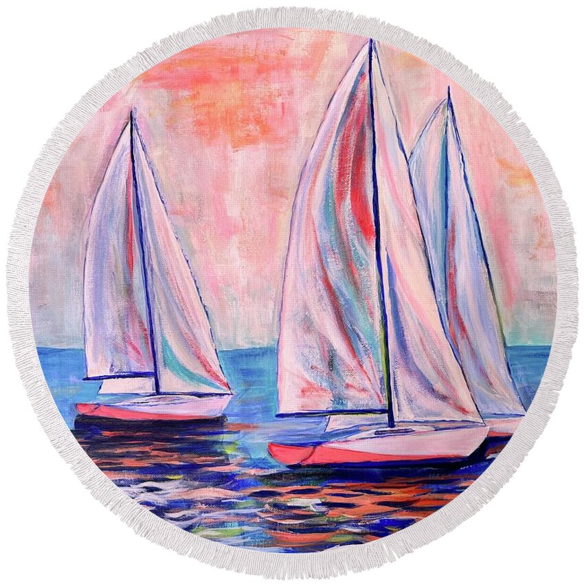Sailing Round Beach Towel featuring the painting Pink Sky at Night by Kelly Smith