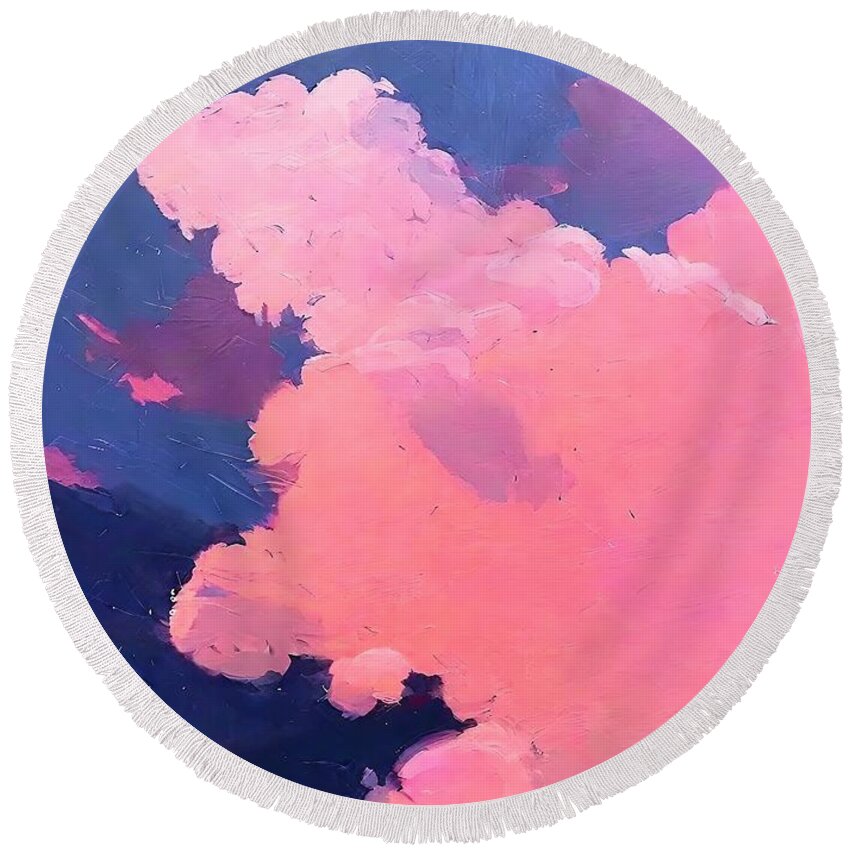 Painting Round Beach Towel featuring the painting Pink sky Painting Painting landscape sky clouds blue sky pink clouds white abstract interior painting monimalism Sky painting 3d abstract air atmosphere backdrop background beautiful blue bright by N Akkash