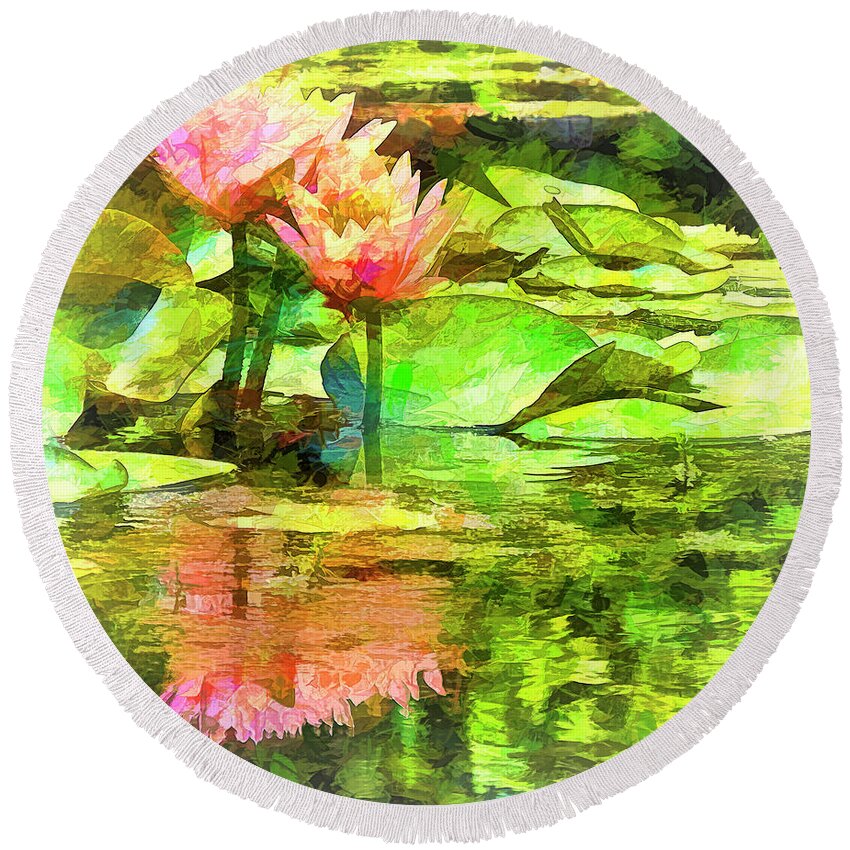 Lily Round Beach Towel featuring the photograph Pink Water Lilies Faux Paint by Bill Barber