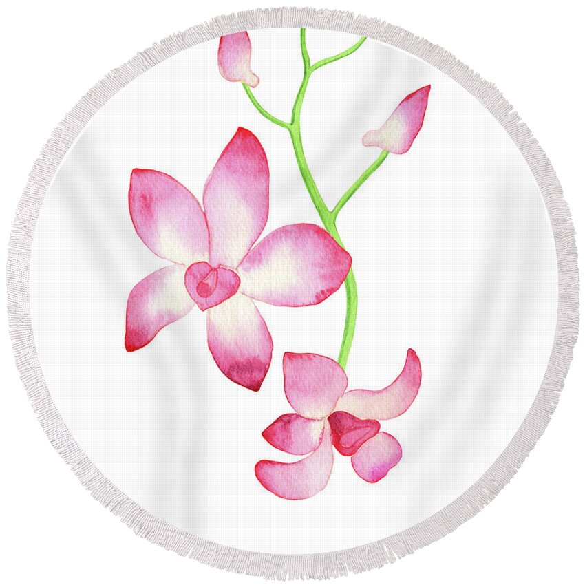 Orchid Watercolor Round Beach Towel featuring the painting Pink Watercolor Orchid Flower With Stem And Buds by Irina Sztukowski