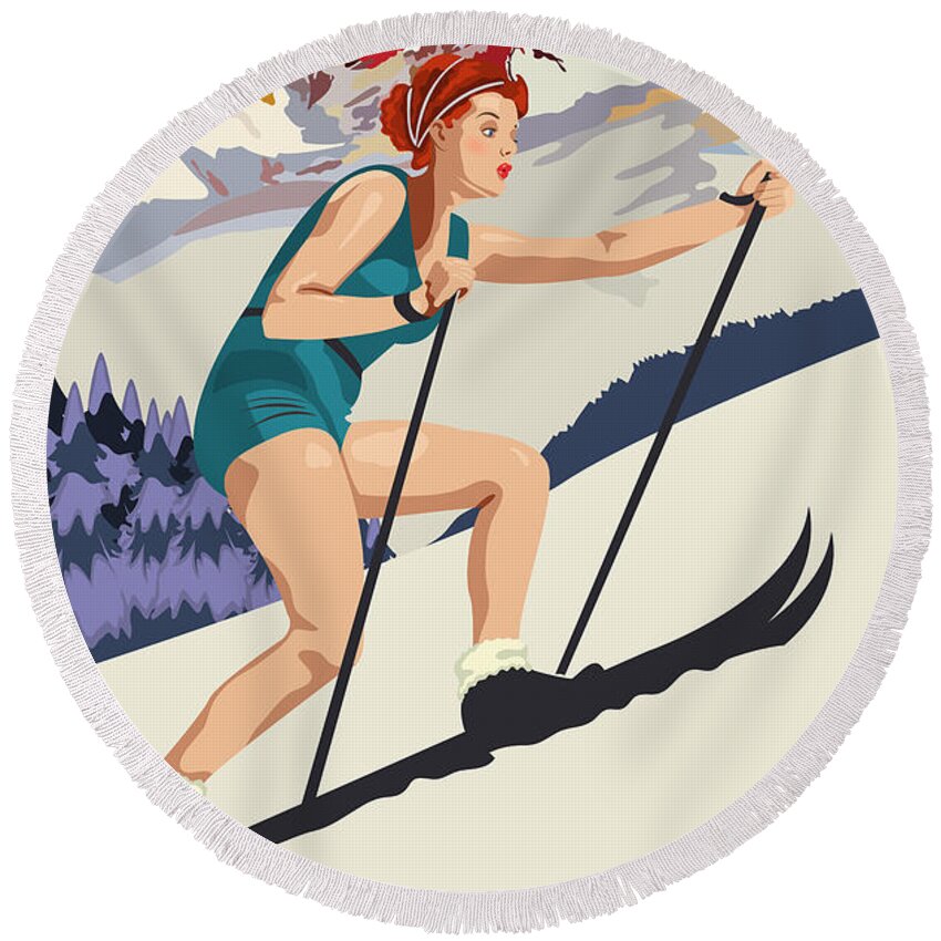 Pinup Round Beach Towel featuring the digital art Pinup Girl on Ski School at Colorado Mountains by Long Shot