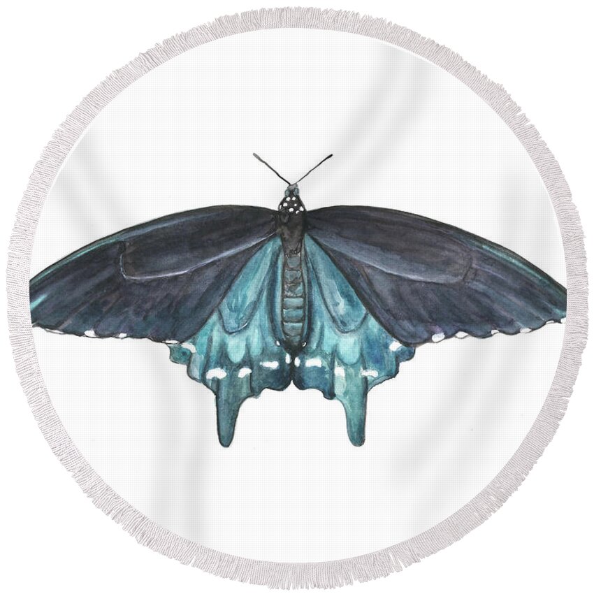Butterfly Butterflies Florida American Pipevine Swallowtail Blue Navy Transformation Watercolor Round Beach Towel featuring the painting Pipevine Swallowtail Butterfly by Pamela Schwartz