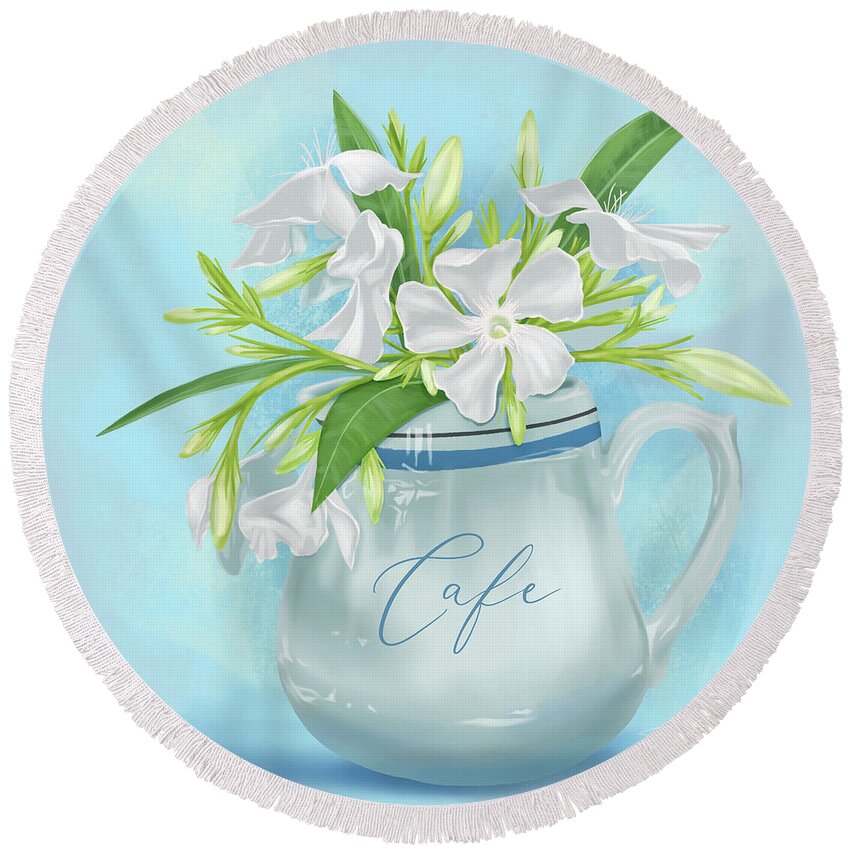 Oleander Round Beach Towel featuring the mixed media Pitcher of White Oleander by Shari Warren