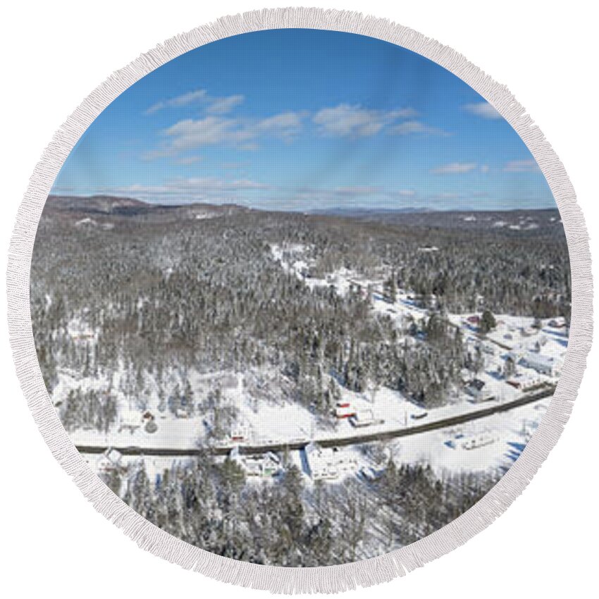 Landscape Round Beach Towel featuring the photograph Pittsburg, New Hampshire - February 2022 Panorama by John Rowe