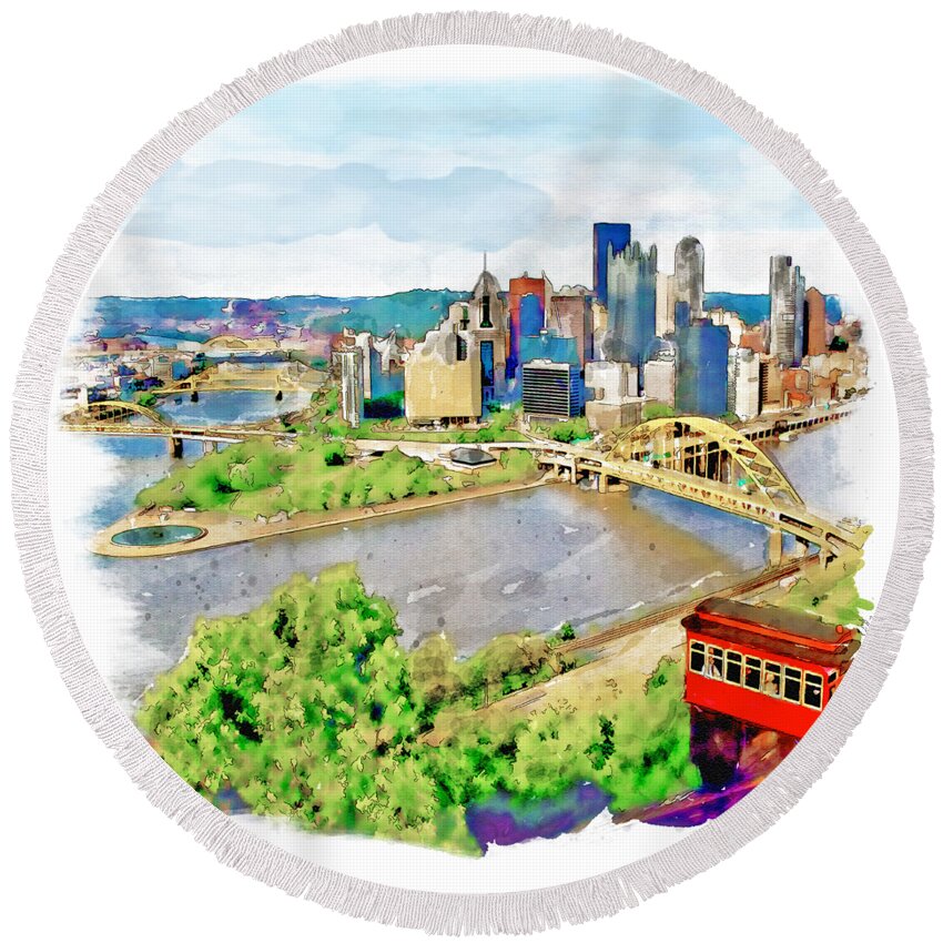 Marian Voicu Round Beach Towel featuring the painting Pittsburgh Aerial View by Marian Voicu