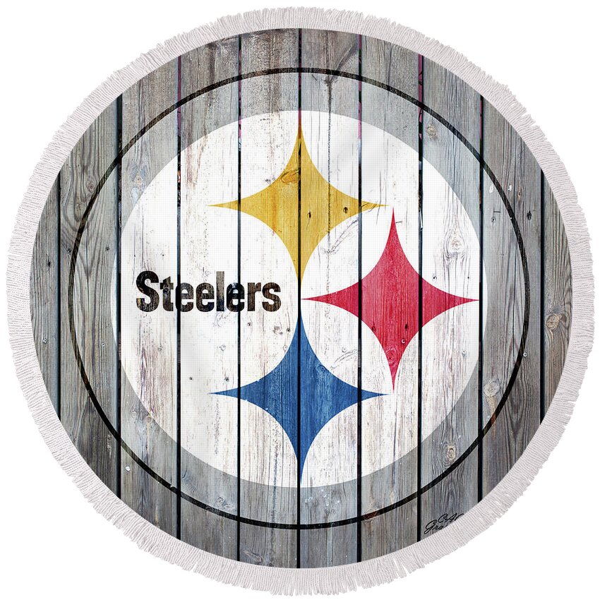 Pittsburgh Steelers Round Beach Towel featuring the digital art Pittsburgh Steelers Wood Art by CAC Graphics