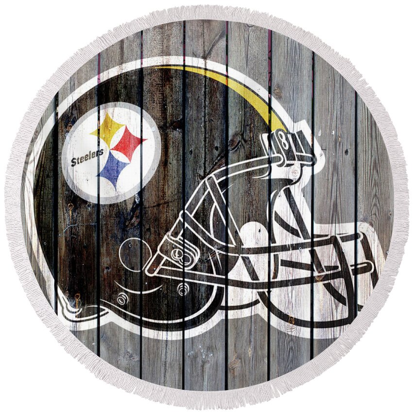 Pittsburgh Steelers Round Beach Towel featuring the digital art Pittsburgh Steelers Wood Helmet by CAC Graphics