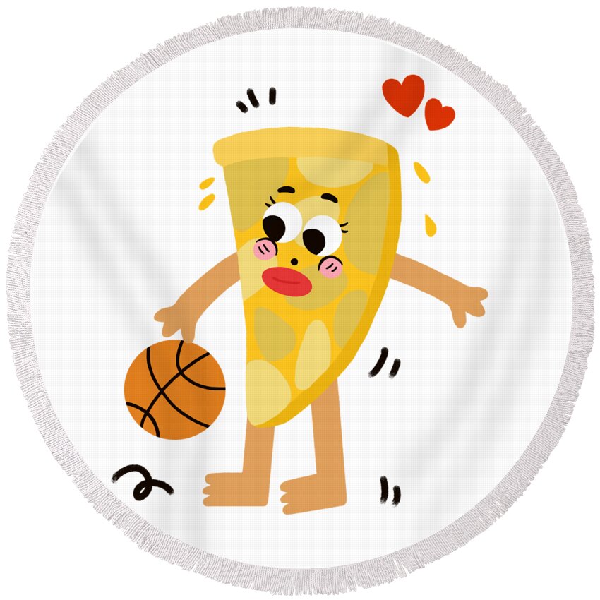 Pizza Round Beach Towel featuring the drawing Pizza likes to play basketball by Min Fen Zhu